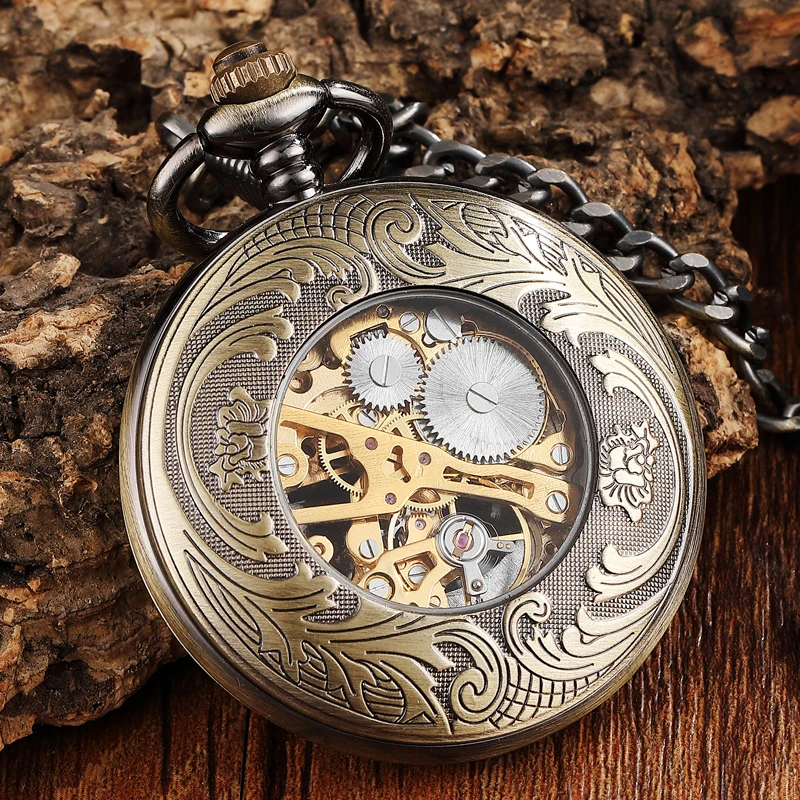 Retro Unique Bronze Mechanical Pocket Watch Men FOB Chain Hollow Horse Pegasus Design Steampunk Pocket Watches reloj de bolsillo