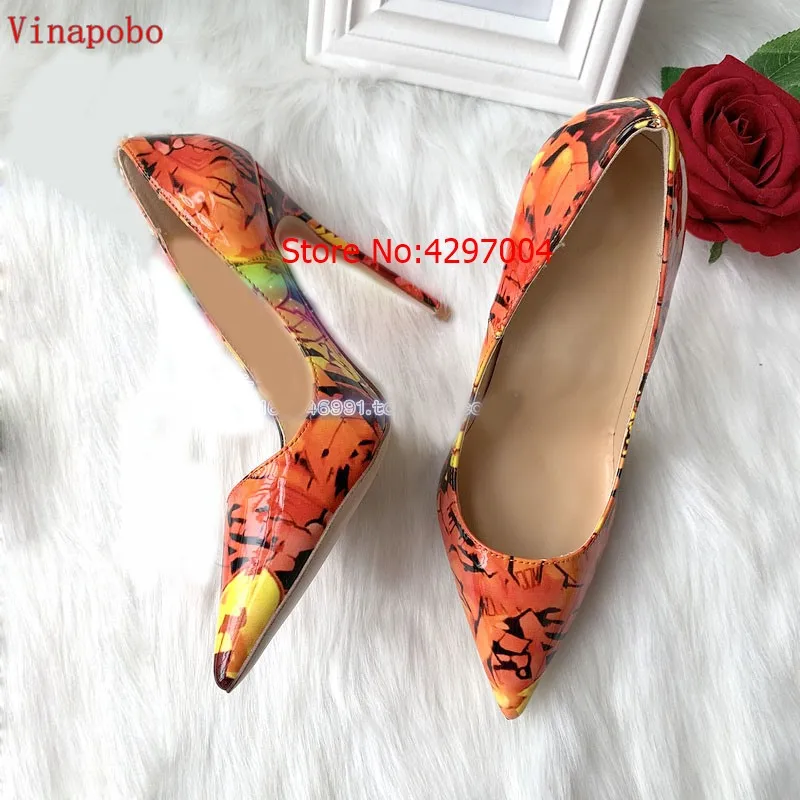 Vinapobo/ Модные Разноцветные туфли из лакированной кожи с принтом, женские туфли-лодочки, пикантные вечерние туфли с острым носком на тонком каблуке 12/10/8 см, желтого цвета