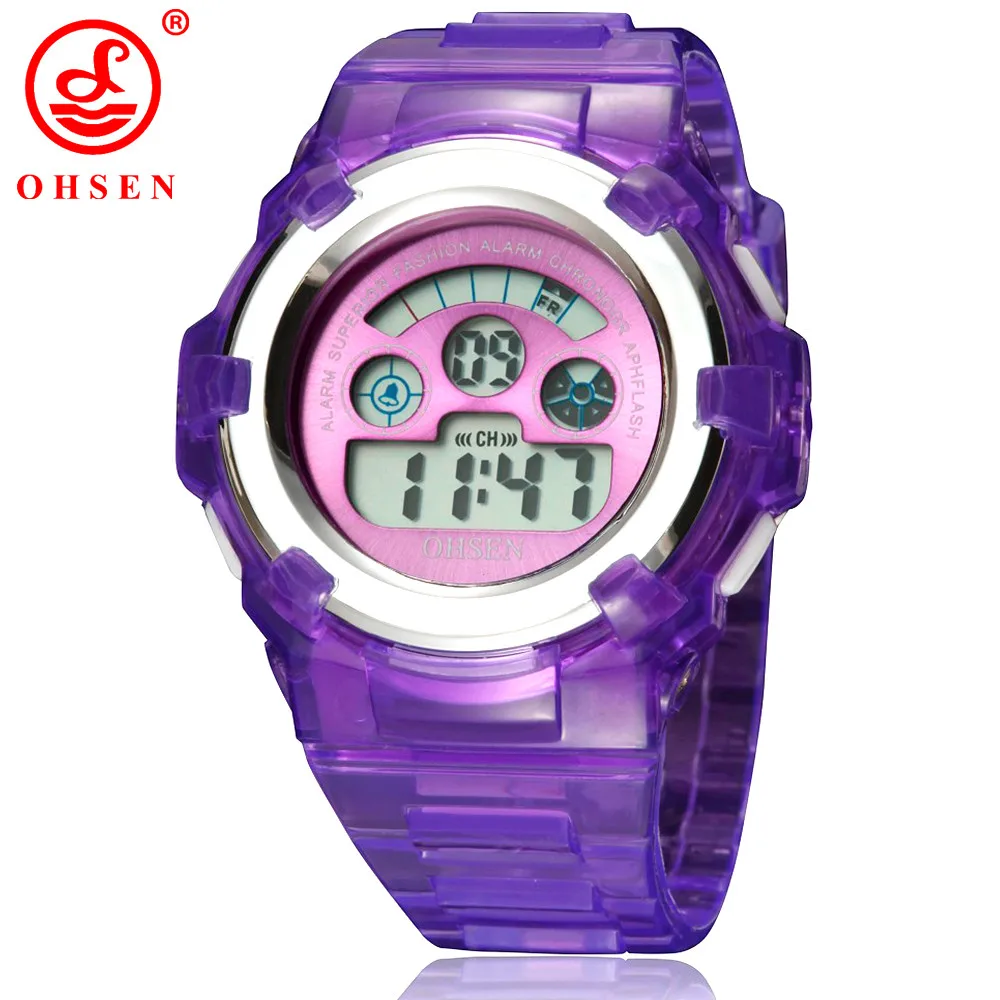 Purple Новинка, OHSEN, цифровые спортивные часы, наручные часы для детей, девочек, 30 м, водонепроницаемый силиконовый ремешок, милые зеленые ручные часы для детей, подарок - Цвет: Purple
