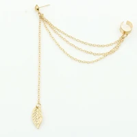 chain linked metallic leaf pendant one side clip one side piercing trendy clip earrings for women fashion ear wrap jewelry