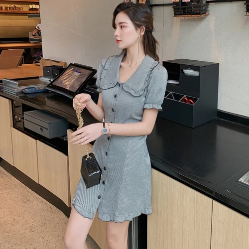 2019 New Summer Korean Brief Plaid Dress Chic Peter Pan Collar Casual Fashion Elegant Single Breasted Dresses | Женская одежда