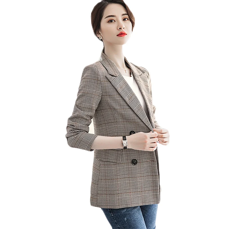 Пиджак женский в клетку повседневный длинный пиджак Корейском стиле ретро с