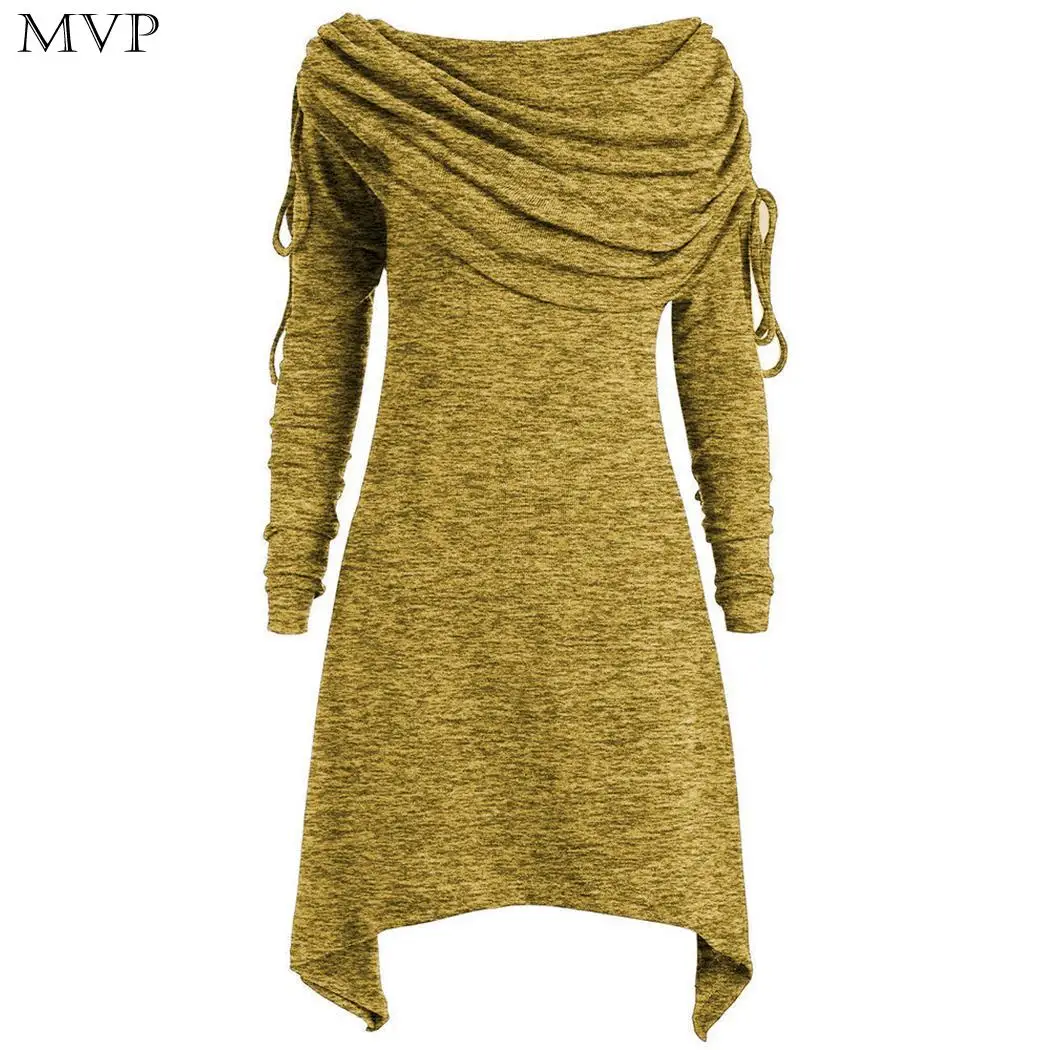yellow Женское платье на каждый день, модное, ниже, плиссированное, свободное, ассиметричный воротник, все сезоны, однотонный, до колена, отложной воротник, шарф - Цвет: yellow