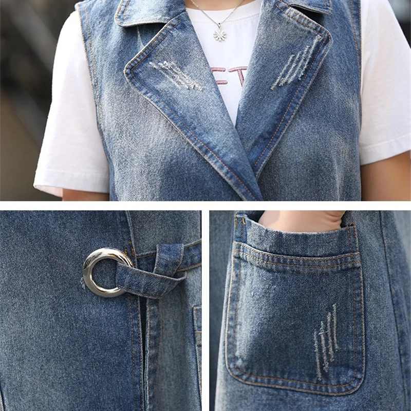 

2019 Spring Autumn New Denim vest Women Korean Sleeveless Casual Vests Women's Fashion Long Plus size Vests Cardigan 3XL F476