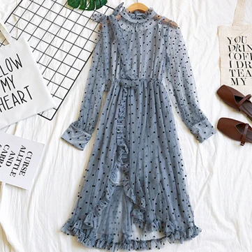 ruffle dress Платье в горошек с рюшами, летнее пляжное платье в стиле бохо, женские сетчатые сексуальные платья для вечеринок, корейское платье для женщин, богемное платье - Цвет: ruffle dress