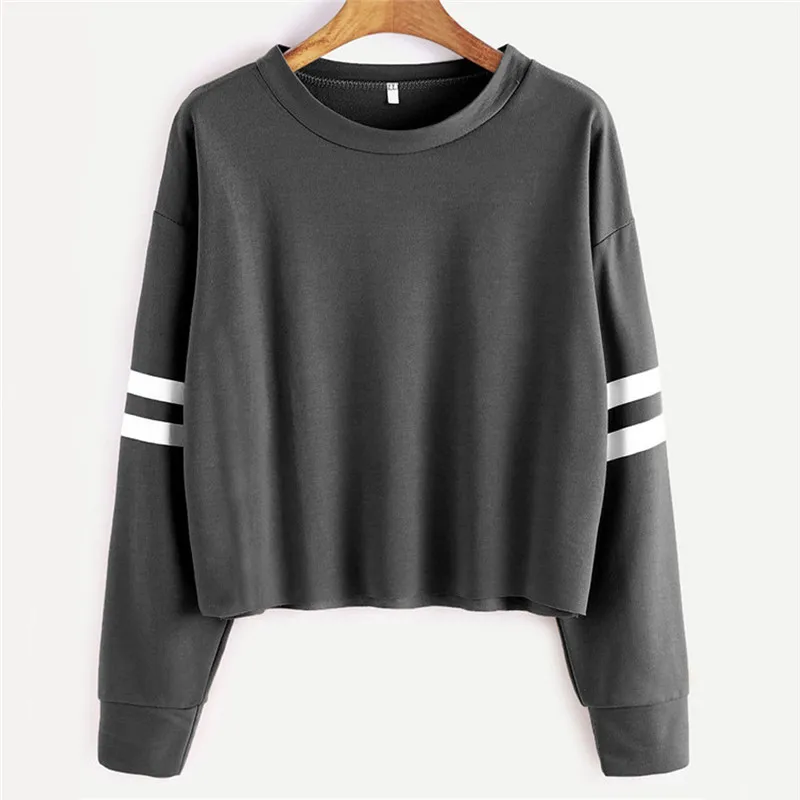 Демисезонный Striped Varsity короткие футболки Для женщин с круглым вырезом и длинными