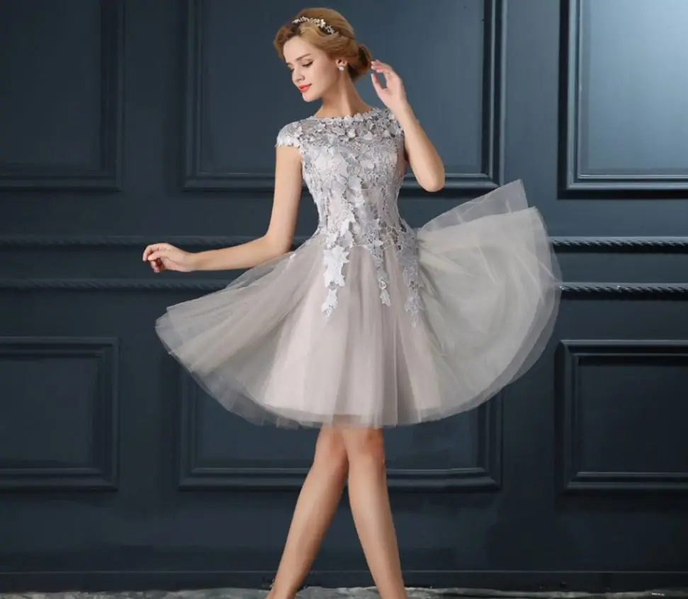 silver Vestido коктейльное новинка из кружева, с вырезом на шее с короткими рукавами трапециевидной формы Серебро Цвет персиковый, красное платье для вечеринки короткое sukienka koktajlowa - Цвет: silver