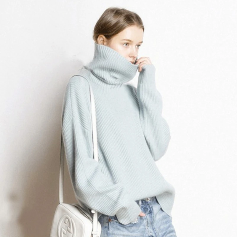 Light Blue Женская зимняя водолазка, свободные свитера, новинка, осенняя кашемировая шерсть, Повседневные свитера, одноцветные, Длинные пуловеры, вязаные джемперы - Цвет: Light Blue
