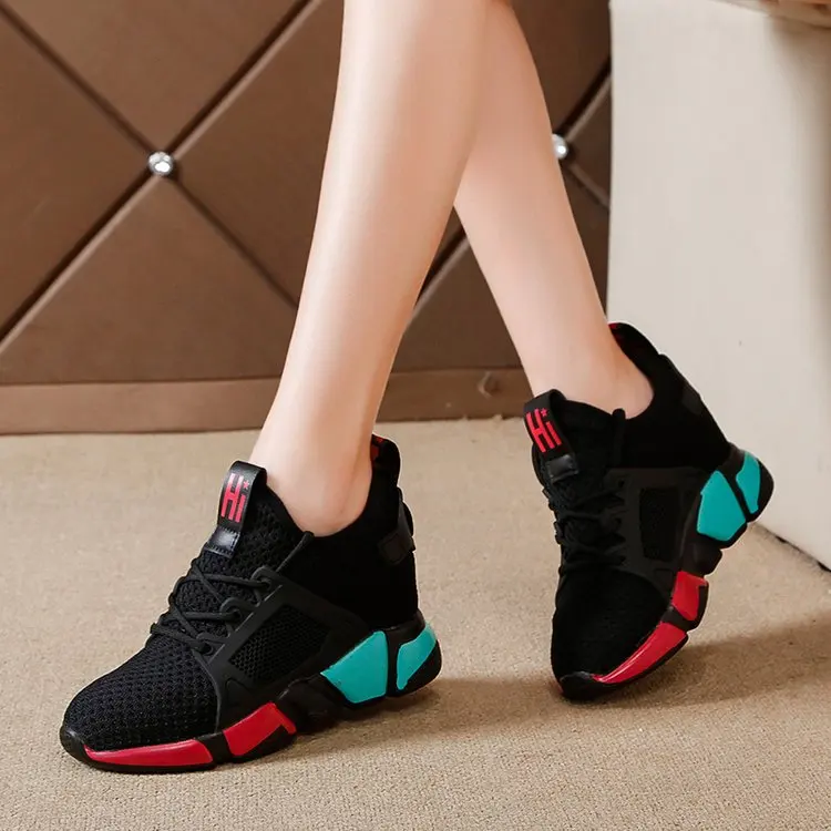 

2021 Summer New Women Casual Shoes Fashion Breathable Lightweight Walking Mesh Lace Up 7cm Hidden Heel Shoes Sneakers Women