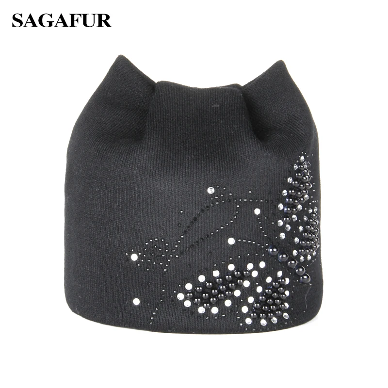 Женская Вязаная Шапка-бини с ушками стразы жемчужная бабочка элегантная зимняя