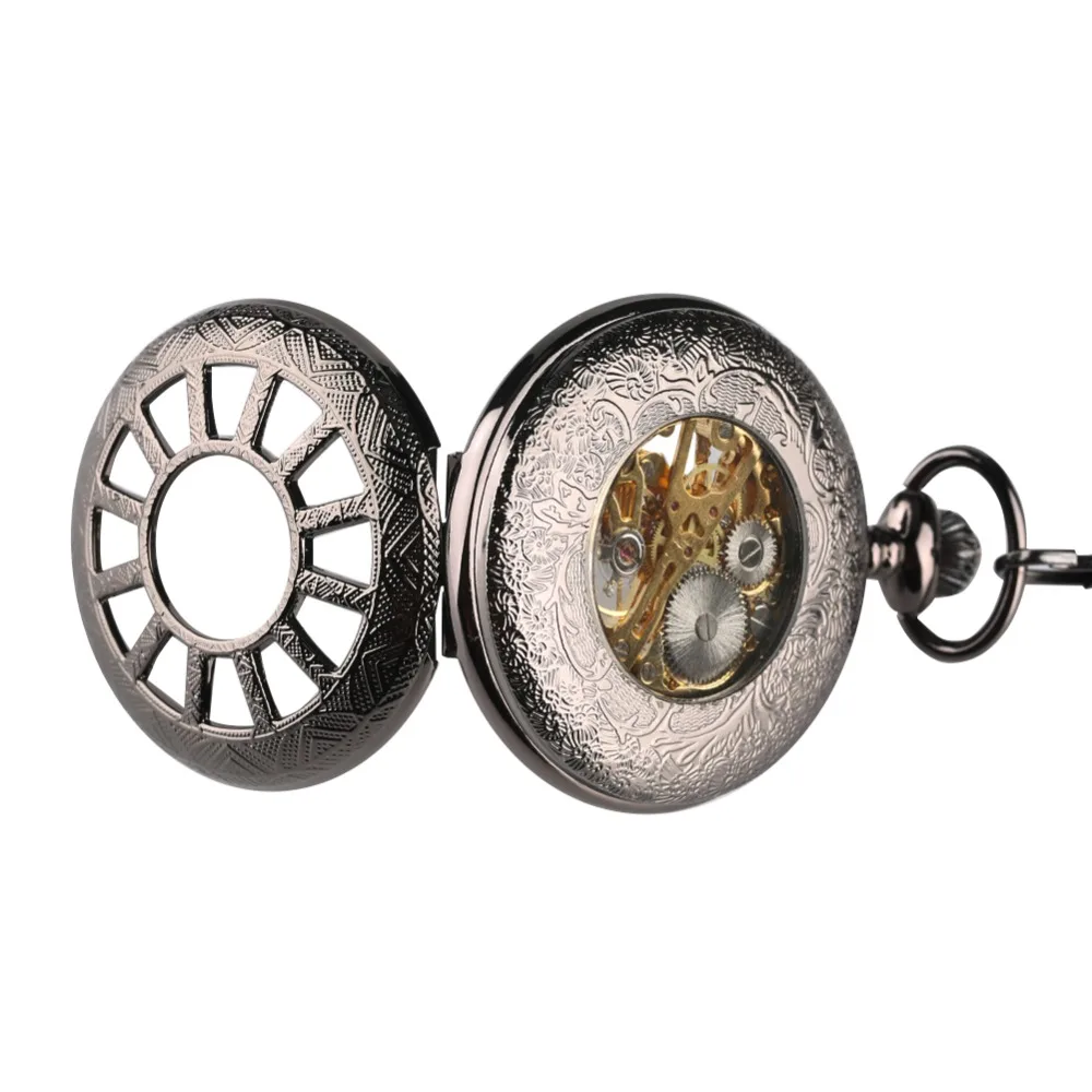 Vintage Luxury Brand Necklace Mens Pocket Watch, Black Steampunk Skeleton Mechanical Pocket Watch for Man, Clock Pocket Watches