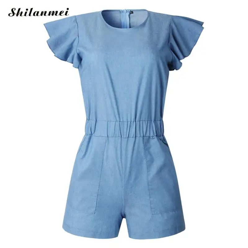 

Elegant Jumpsuit Summer V-Neck Ruffle Short Sleeve Blue Rompers Casual Ladies Short Playsuit Women Sexy Summer Office Jumpsuits