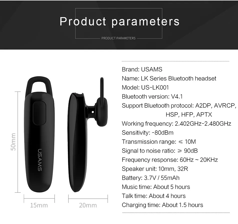 USAMS Беспроводной Bluetooth наушники стерео HD Шум снижение с микрофоном громкой связи Bluetooth 4,1 наушники для iPhone samsung