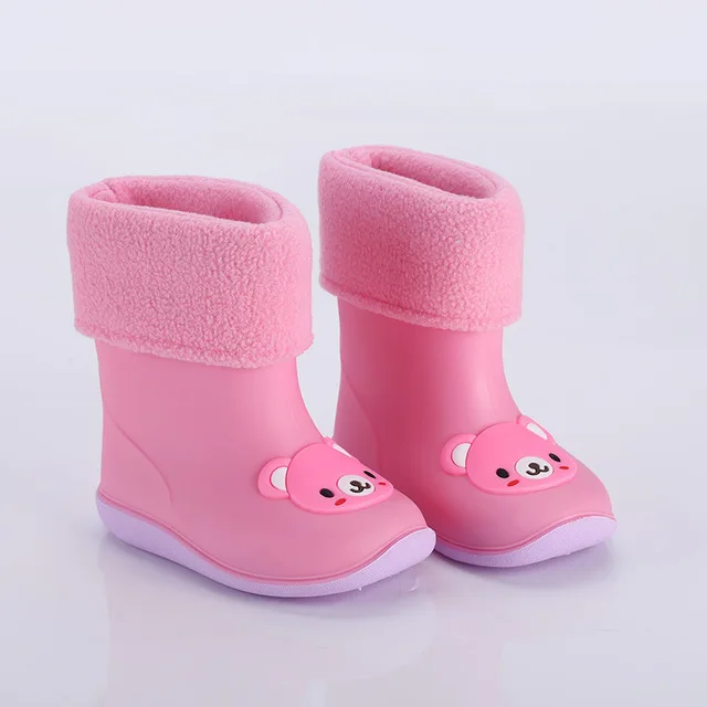 Pink bear cotton Новые осенние зимние детские резиновые сапоги теплые хлопковые резиновые сапоги детские Нескользящие водонепроницаемые сапоги для маленьких мальчиков и девочек - Цвет: Pink bear cotton