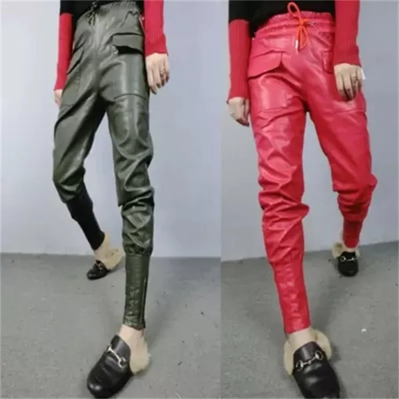 Женские шаровары из ПУ кожи с поясом свободного покроя|feet pants|pu leather pantsfashion harem pants |