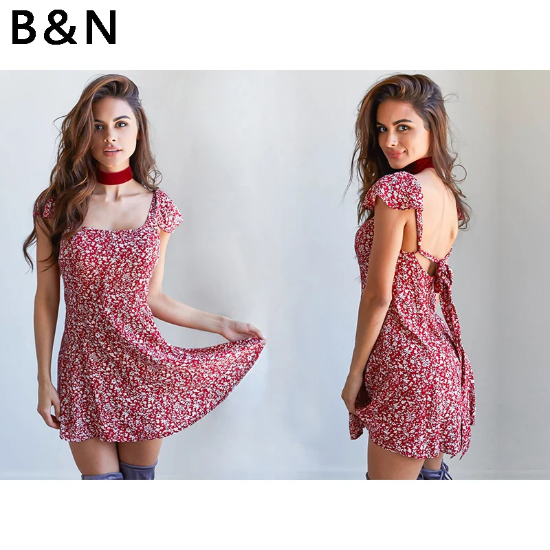 Женское короткое платье с цветочным принтом Boho летнее пляжное открытой спиной и