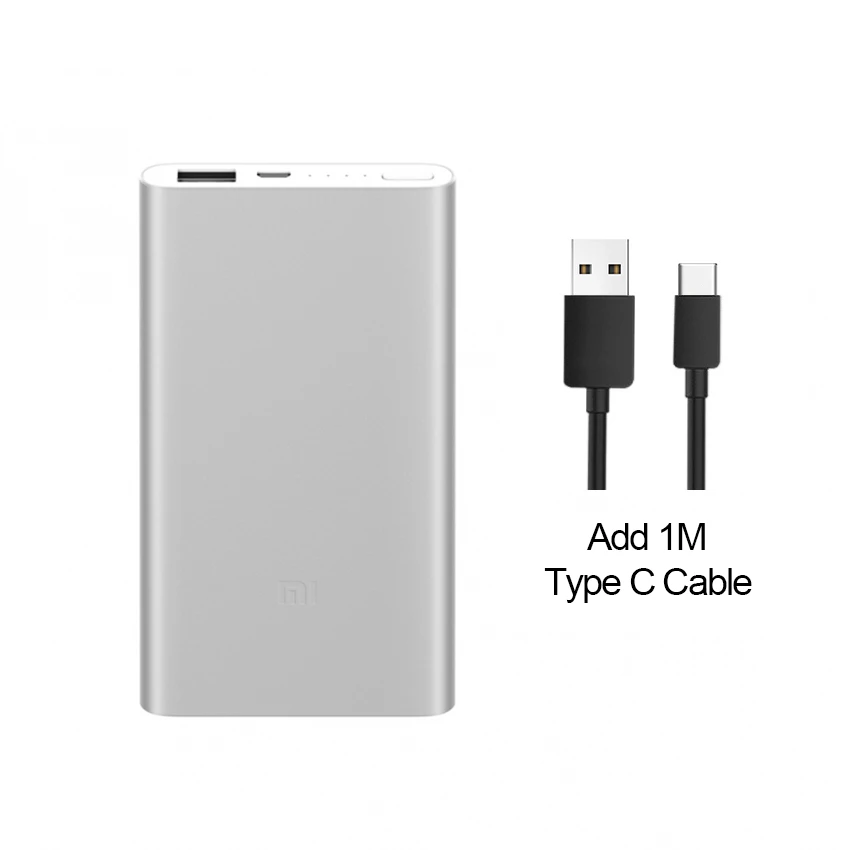 Add Type C Cable Новинка Xiaomi Mi 5000 мАч Внешний аккумулятор 2 портативное зарядное устройство тонкий 5000 мАч Внешний аккумулятор для iPhone samsung huawei - Цвет: Add Type C Cable