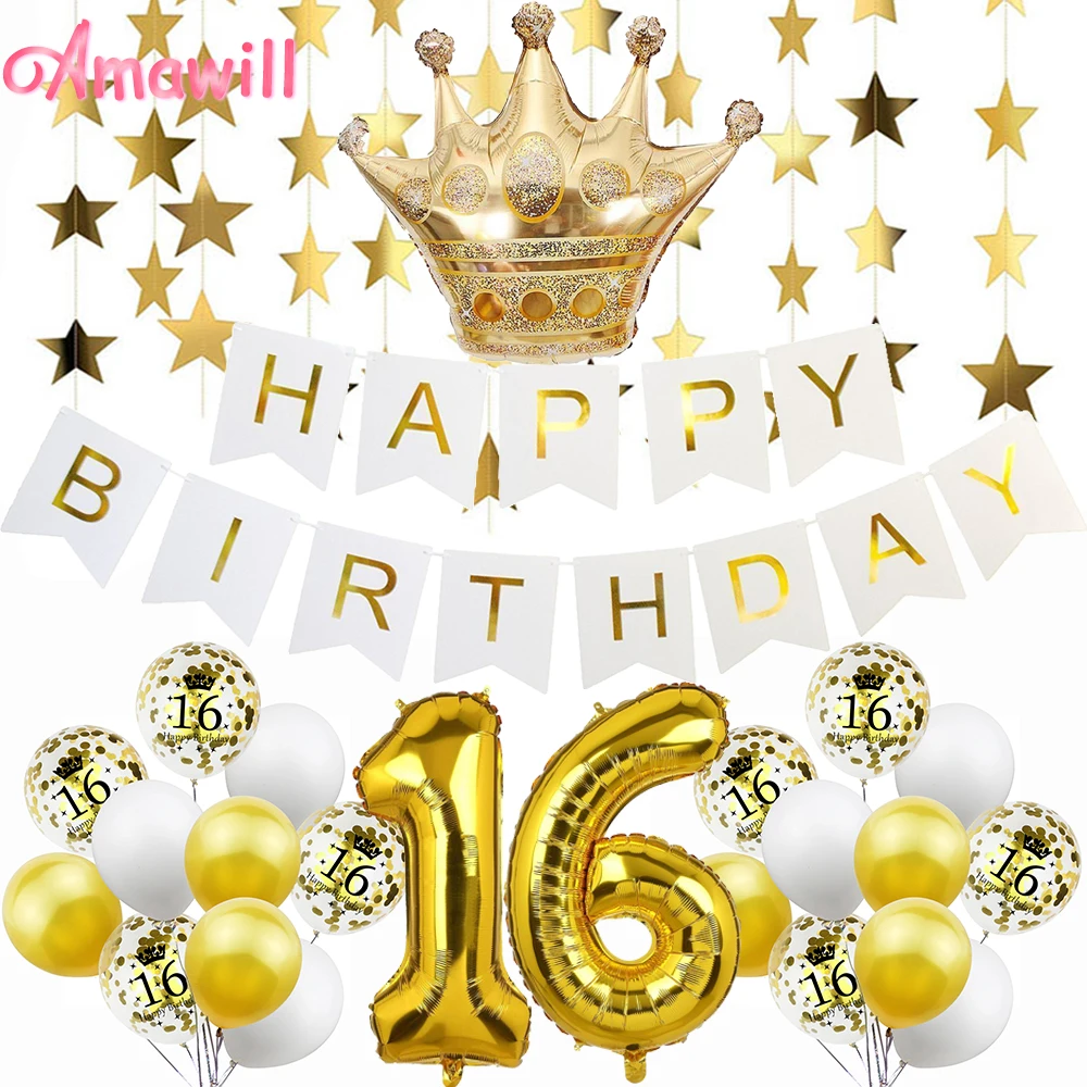 

Amawill Gold Sweet 16 Years Old Party Decorations Happy Birthday Banner Crown Balloon 16th Birthday Party Decorations Adult 75D