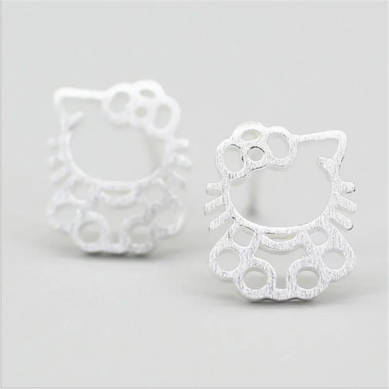 

925 Sterling Silver 0.9cm*0.7cm Cute Cat Earrings For Women Girl Lovely Hollow Kitty Stud Earrings Fashion Brincos Jewelry ES020