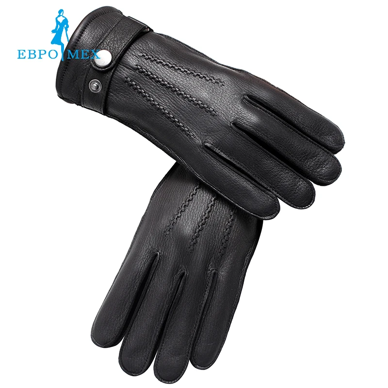 Genuine Leather glove Luxury gloves male Fashion leather gloves Popular winter Tough guy gloves men black Snap design