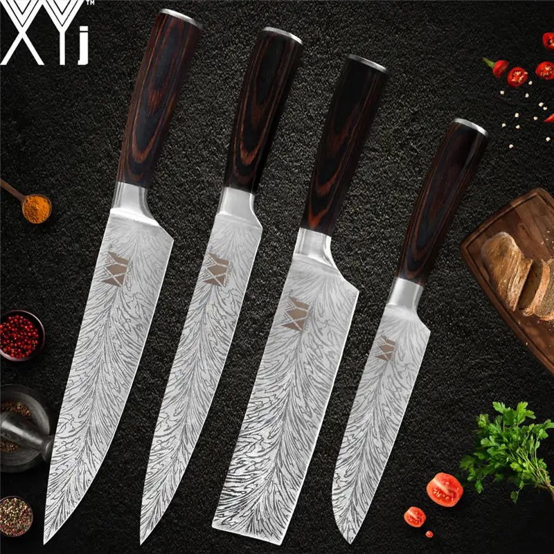 F.4pcs set XYj набор кухонных ножей из нержавеющей стали с цветной деревянной ручкой 7cr17 острое лезвие, поварской нож, аксессуары для кухонных инструментов для отеля - Цвет: F.4pcs set