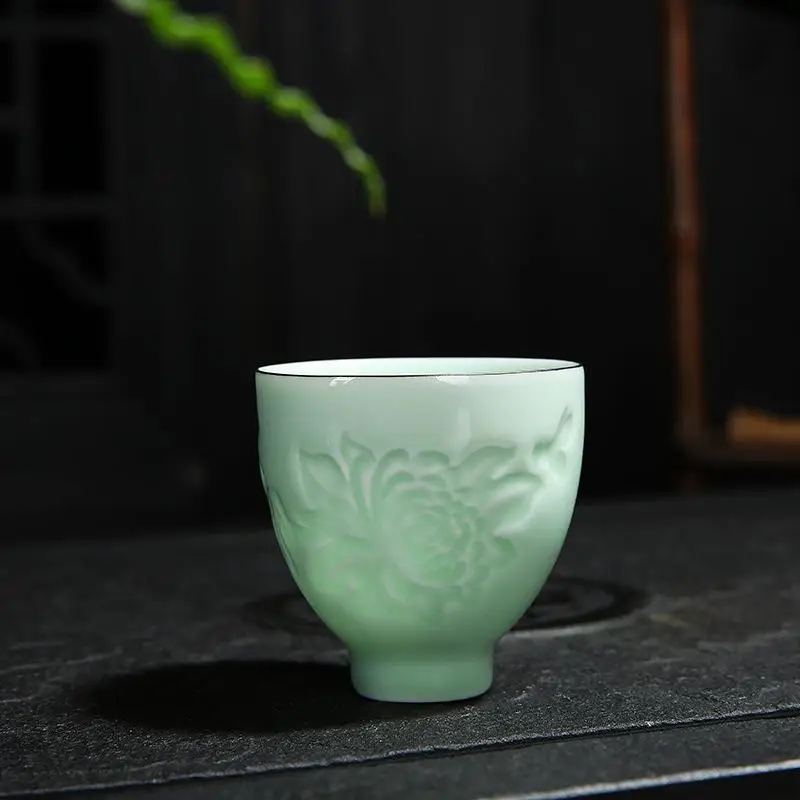 green3 1 шт. чайные чашки кунг-фу, голубые и белые фарфоровые чайные чашки с цветком лотоса, мастер чайная чашка ручной работы, чайные сервизы из костяного фарфора - Цвет: green3