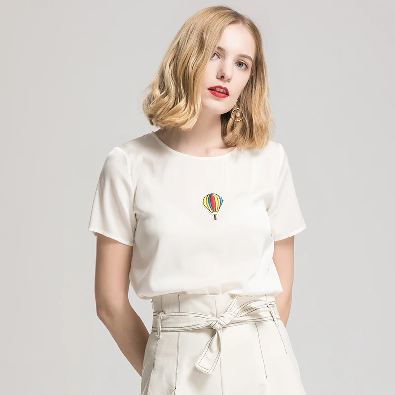 Women White T SHIRT Short sleeve Real Silk casual short Top Blusas femininas 2018 Spring Summer | Женская одежда