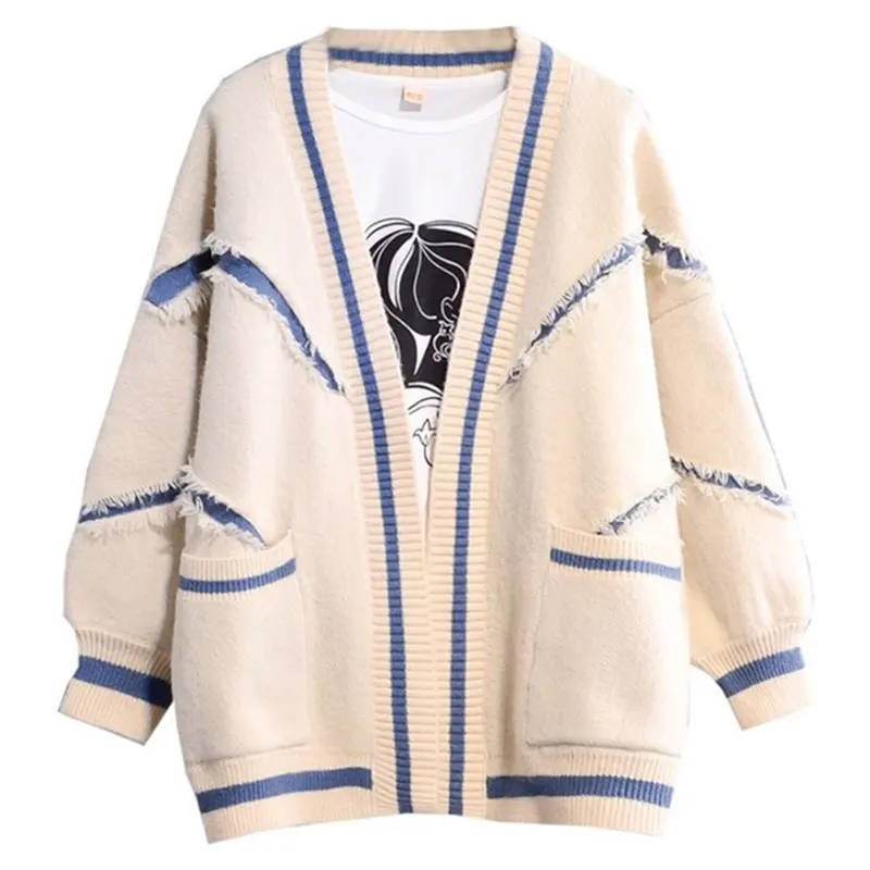 Spring Autumn Sweater Women 2019 Loose Fashion Female Medium Long Knit Cardigan Thicken Plus size Creamy-white Feminine Coat S31 |