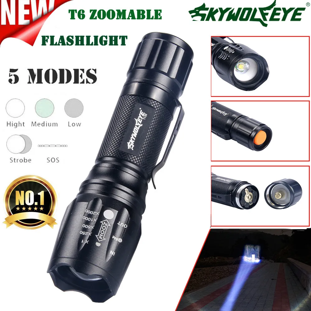SkyWolfEye алюминиевый фонарик XML T6 5 режимов масштабируемый Водонепроницаемые фары