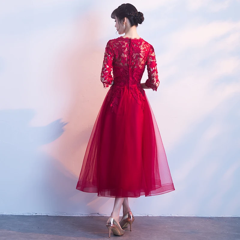Robe de soiree Длинное Элегантное бордовое кружевное вечернее платье с круглым вырезом и короткими рукавами из тюля трапециевидные вечерние платья для выпускного вечера