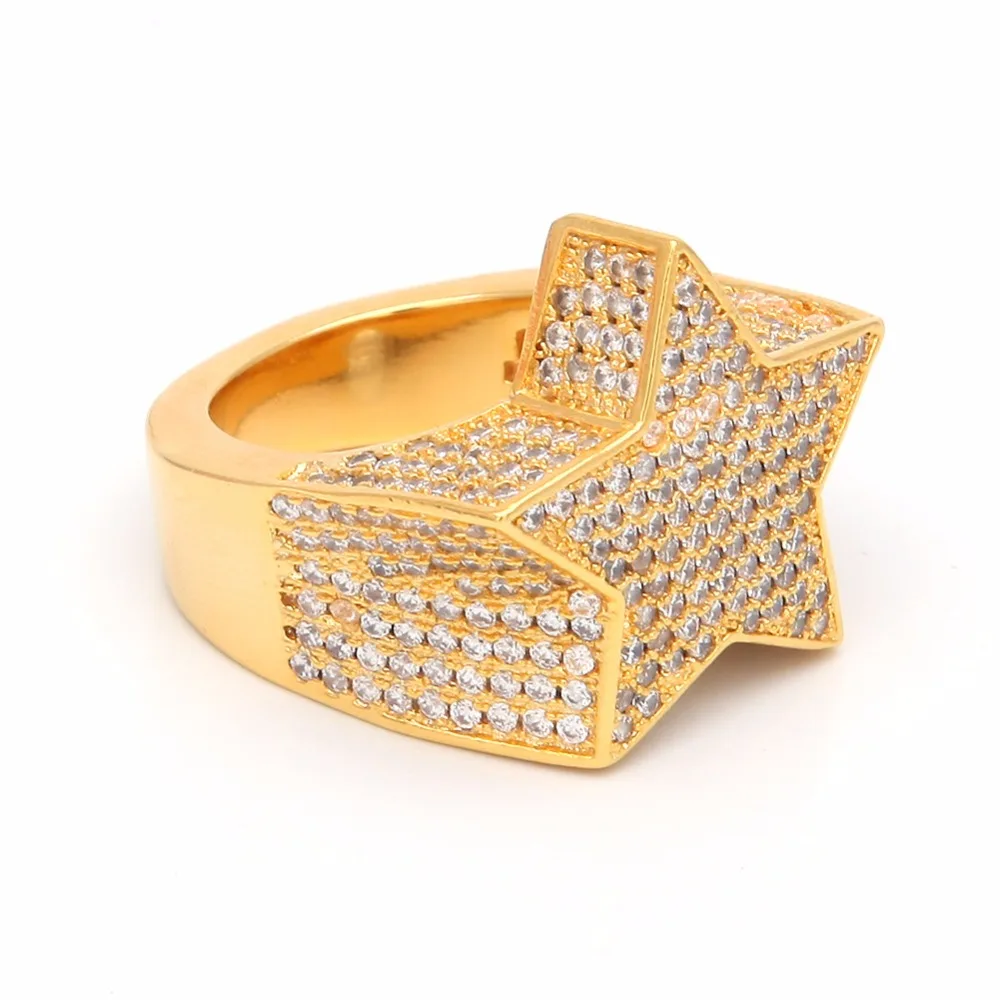 Хип-хоп AAA циркон проложили лед из Bling Star кольца серебро розовое золото кольцо с пентаграммой для мужчин и женщин ювелирные изделия подарок Прямая поставка размер 7-12