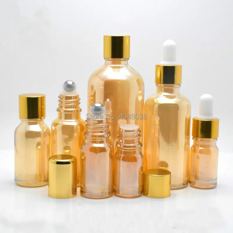 Gold Glass Roll on Bottle Amber Aroma Packaging Vial Cosmetics Roller Toner Dropper Bottle Gold Cap Essential Oil Bottles 15pcs