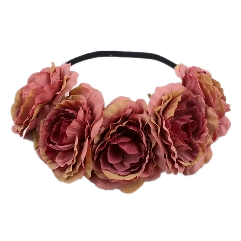 Кофе Bohemia Big Lilies Floral Crown Party Wedding Hair Wreaths Hair Bands Holiday Flower Headband with Adjustable Elastic Ribbon - Цвет: Кофе