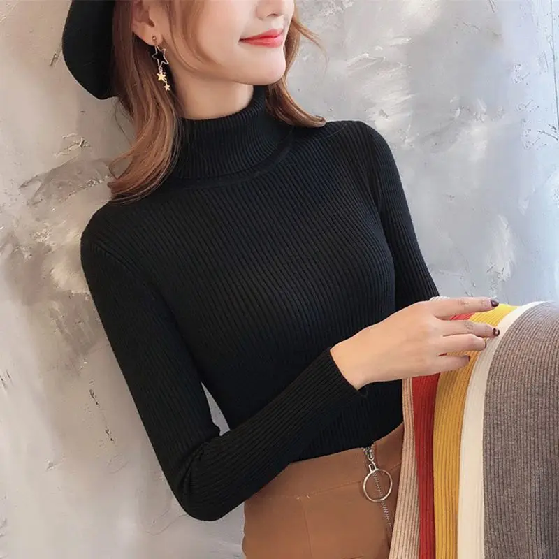 Черный Turtleneck Warm Women Sweater Autumn Casual Korean Winter Knitted Femme Pull High Elastic Female Basic Pullovers Sweater - Цвет: Черный