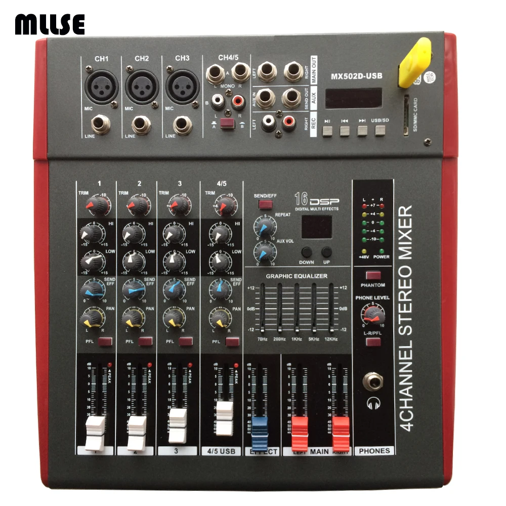 

5 Channel Amplifier Audio Mixer DJ Console Mixing Mezcladora De DJ MX502D For Karaoke 500W