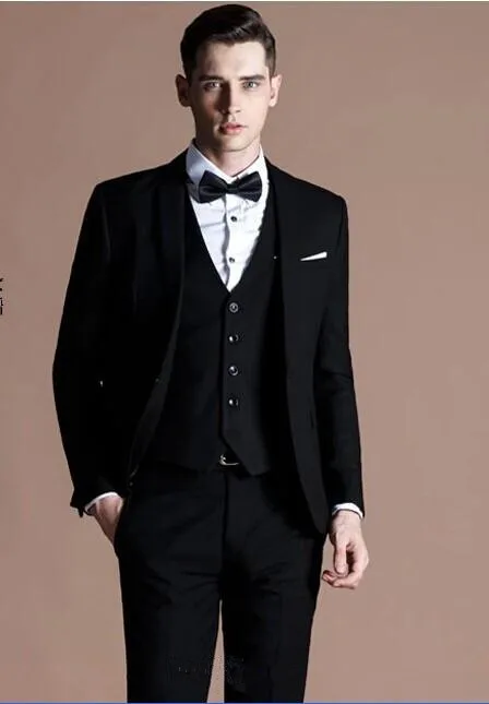 New Custom Design black Groom Tuxedos Groomsmen Wedding/business Suits( jacket+Pants+vest+tie)