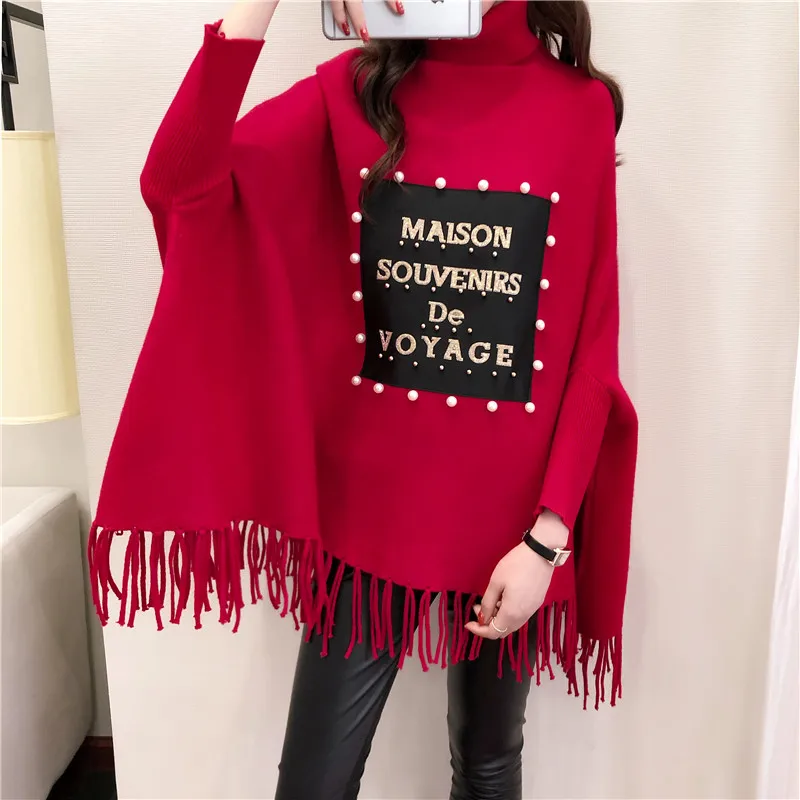 2021 Women Pullover Fashion Beaded Patch Sweater Autumn Winter Warm Wrap Swing Turtleneck Long Sleeve | Женская одежда