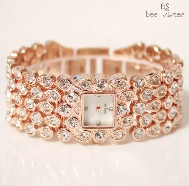 

BS Brand Women Full Diamond Luxury Bracelet Lady Shinning Dress Watch Bling Rhinestone Full Crystal Bangle Bracelet bead charm