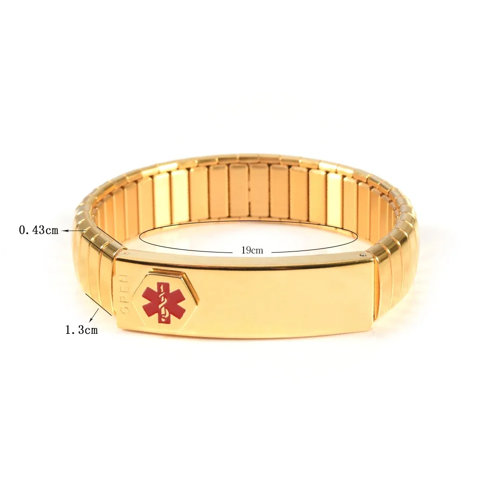 Wollet Jewelry ID Bangle Elastic Stainless Steel Medical Alert Bracelet for Men Women Personalised Customized Medical Card - Окраска металла: Gold 19cm