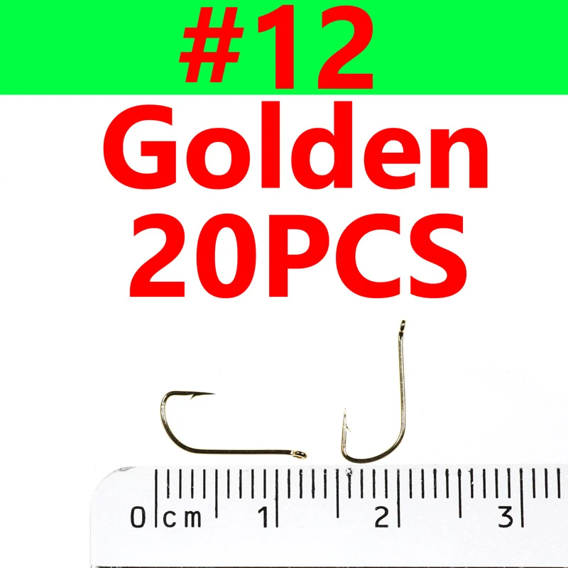 size 12 golden 20pcs 20 шт. тонкий проволочный сухой мухобойный крючок золотистого и красного цвета для завязывания мух с острым наконечником маленькие рыболовные крючки для привязывания мелкой форели - Цвет: size 12 golden 20pcs