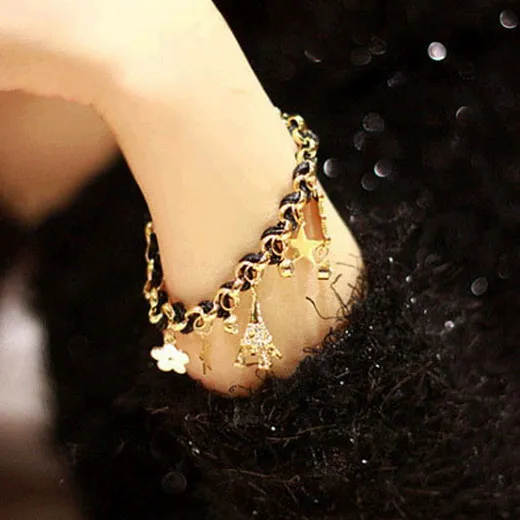 Модные ювелирные изделия Многоэлементная Золотая цепочка кожаный шнур кристалл