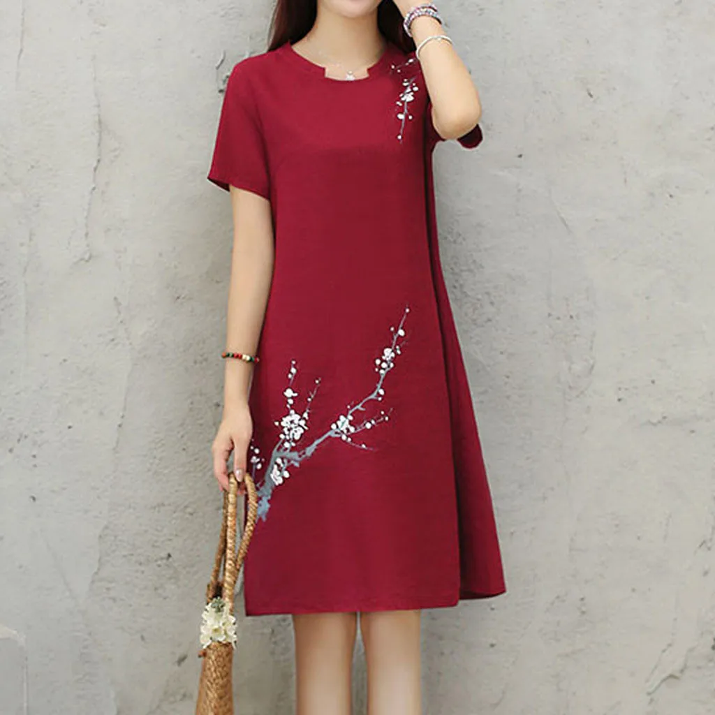 

Sexy lady dress retro floral print summer short-sleeved dress O-neck cotton linen loose Knee Length dress Y530
