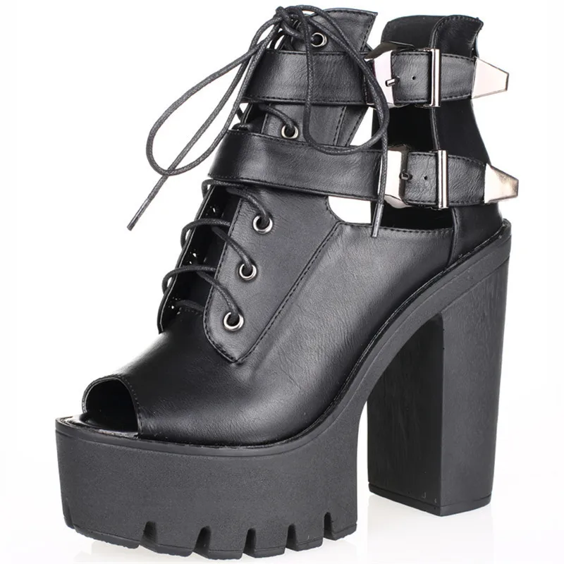 5 стиль толстый пятки женщины лето сапоги шнуровка платформа обувь пип-ноги палец