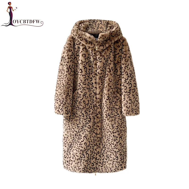 Для женщин Шуба Leopard с капюшоном Середина Длинные куртки искусственного пальто