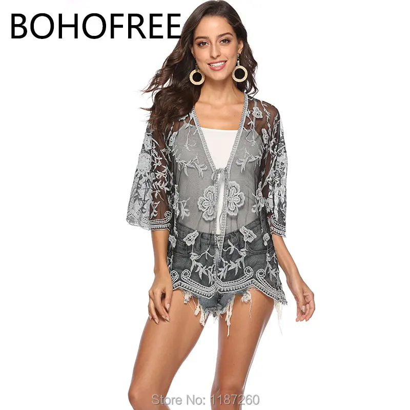 BOHOFREE плюс Размеры Sheer крючком цветок кружева кимоно Blusas 3/4 рукав на шнуровке