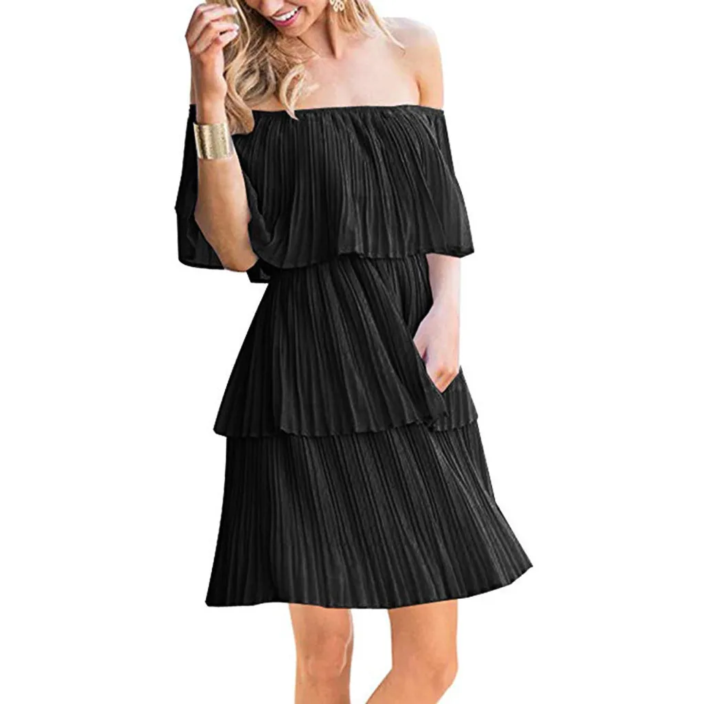 3 цвета женское летнее платье с вырезом лодочкой Повседневное открытыми плечами