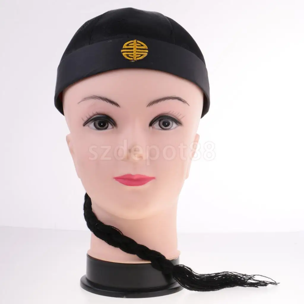 Черная китайская Кепка с хвостиком для взрослых детей праздничный костюм шляпа