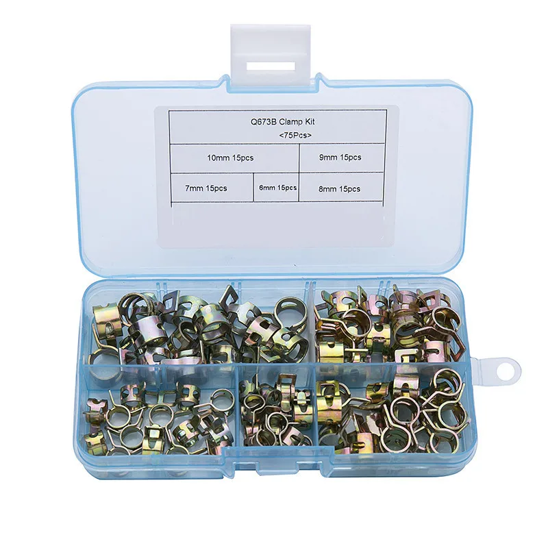 

75Pcs/set 6-10mm Q673B Vacuum Spring Fuel Oil Water CPU Hose Clip Pipe Tube for Band Clamp Metal Fastener Assortment Kit