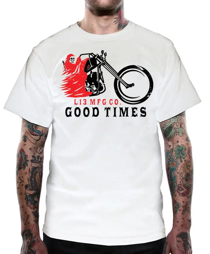 Lucky T Shirt Uomo Buona Times Motorino Mietitore Chopper Tattoo Bianco брендовая летняя Стильная мужская