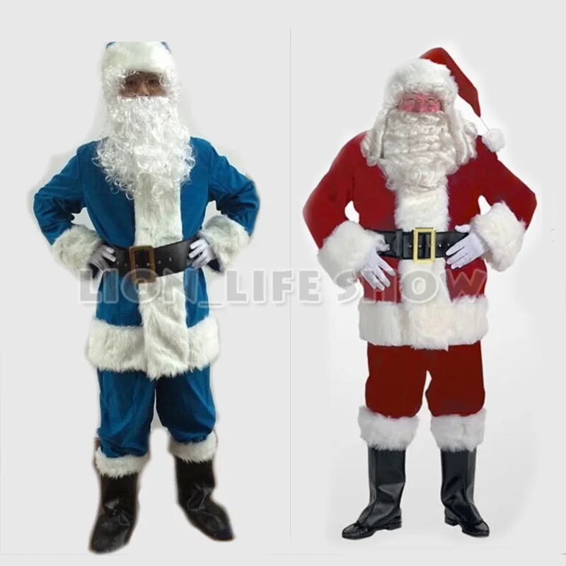 Cheap Red Blue Christmas Costumes Santa Claus For Adults 4 size 9 pieces/set